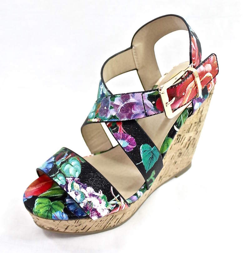 Delicious Baymist-S Black Floral Open Toe Buckle Criss Cross Wedge-3060