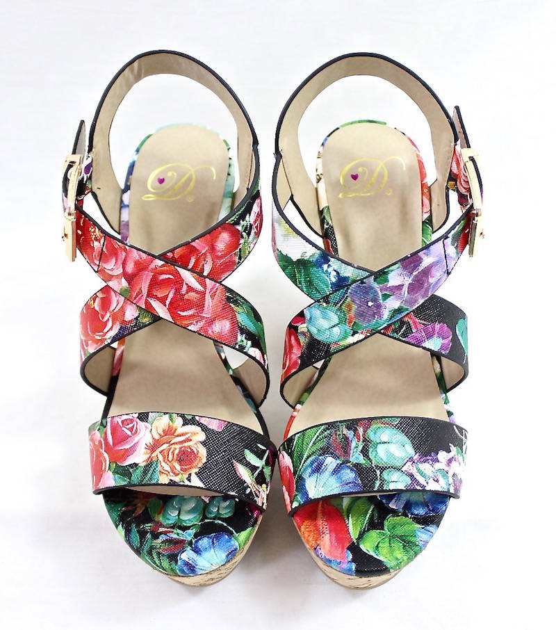 Delicious Baymist-S Black Floral Open Toe Buckle Criss Cross Wedge-3058