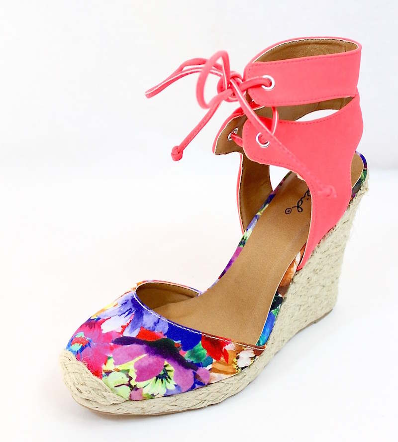 Qupid Val-96A Floral Almond Toe Straw Ankle Strap Espadrille Wedge-3461