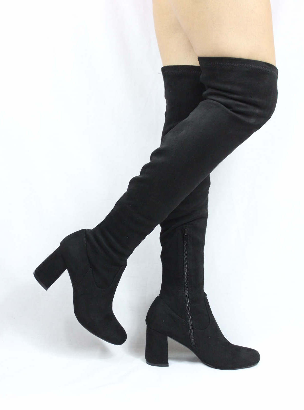 Shoe Republic Andra Black Round Toe Thigh High Chunky Heel Boots-3855