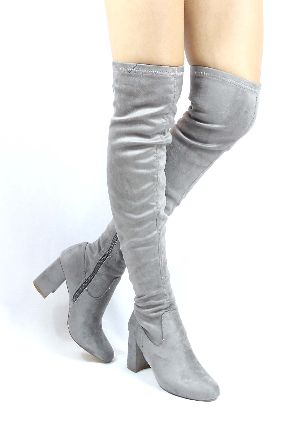 Shoe Republic Andra Grey Round Toe Thigh High Chunky Heel Boots-0