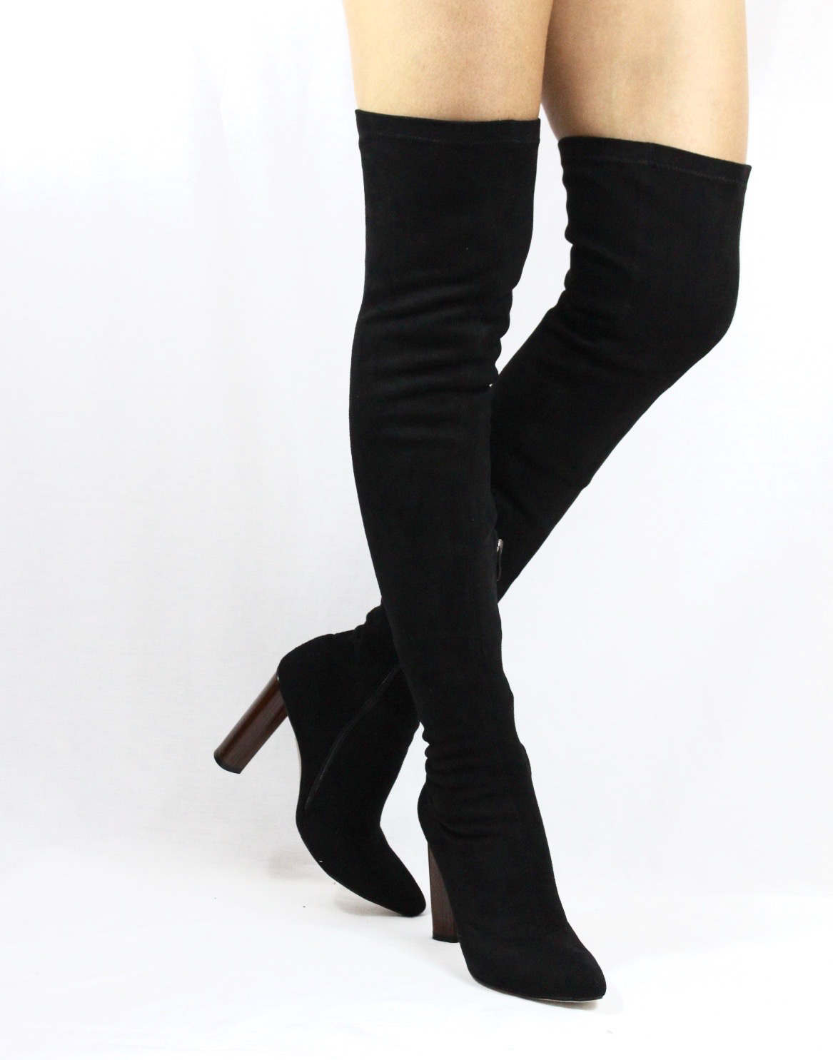 Camy-6 Black SuedeThigh High Pointy Toe Chunky Heel Snug Fit Boots-3960