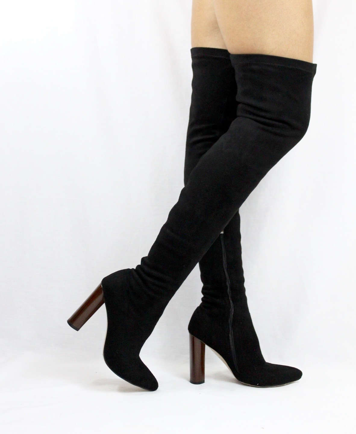 Camy-6 Black SuedeThigh High Pointy Toe Chunky Heel Snug Fit Boots-3962