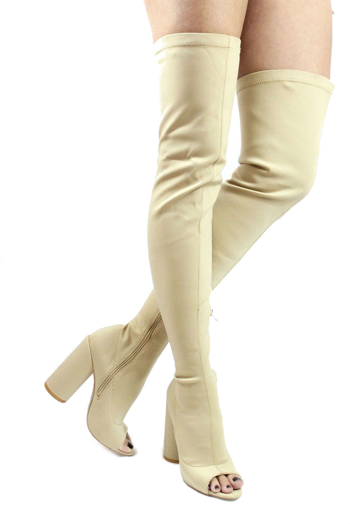 Camy-9 Beige Lycra Chunky Heel Thigh High Open Toe Boots-0