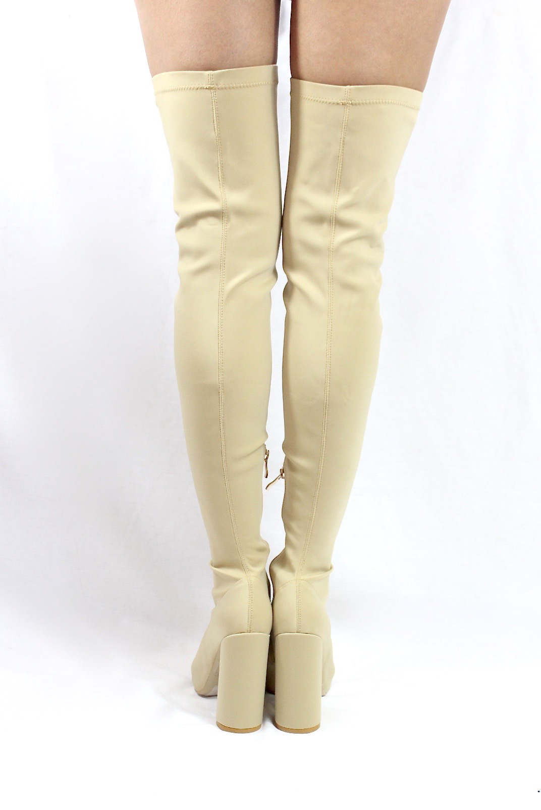 Camy-9 Beige Lycra Chunky Heel Thigh High Open Toe Boots-4183