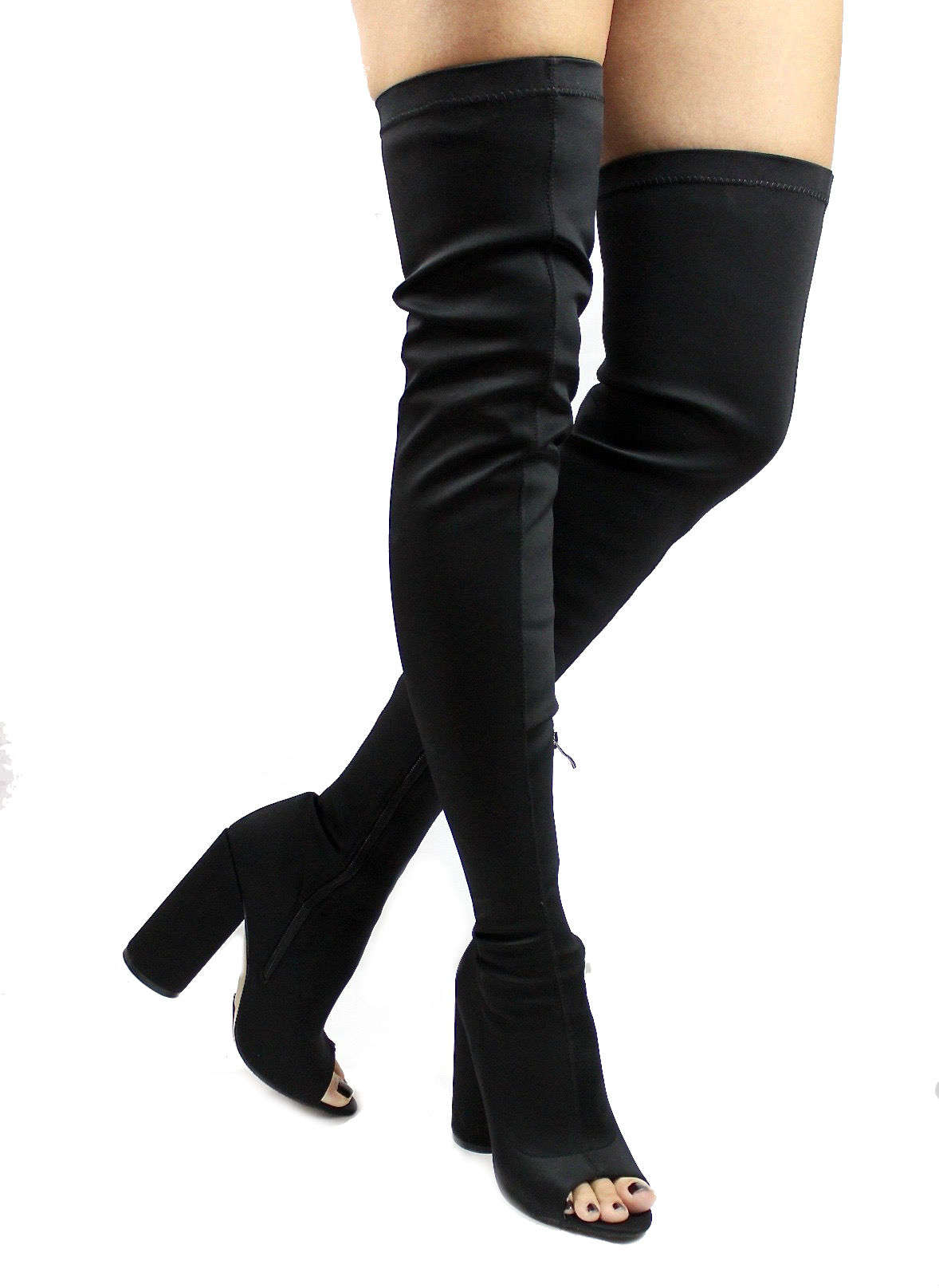 black peep toe thigh high heeled boots