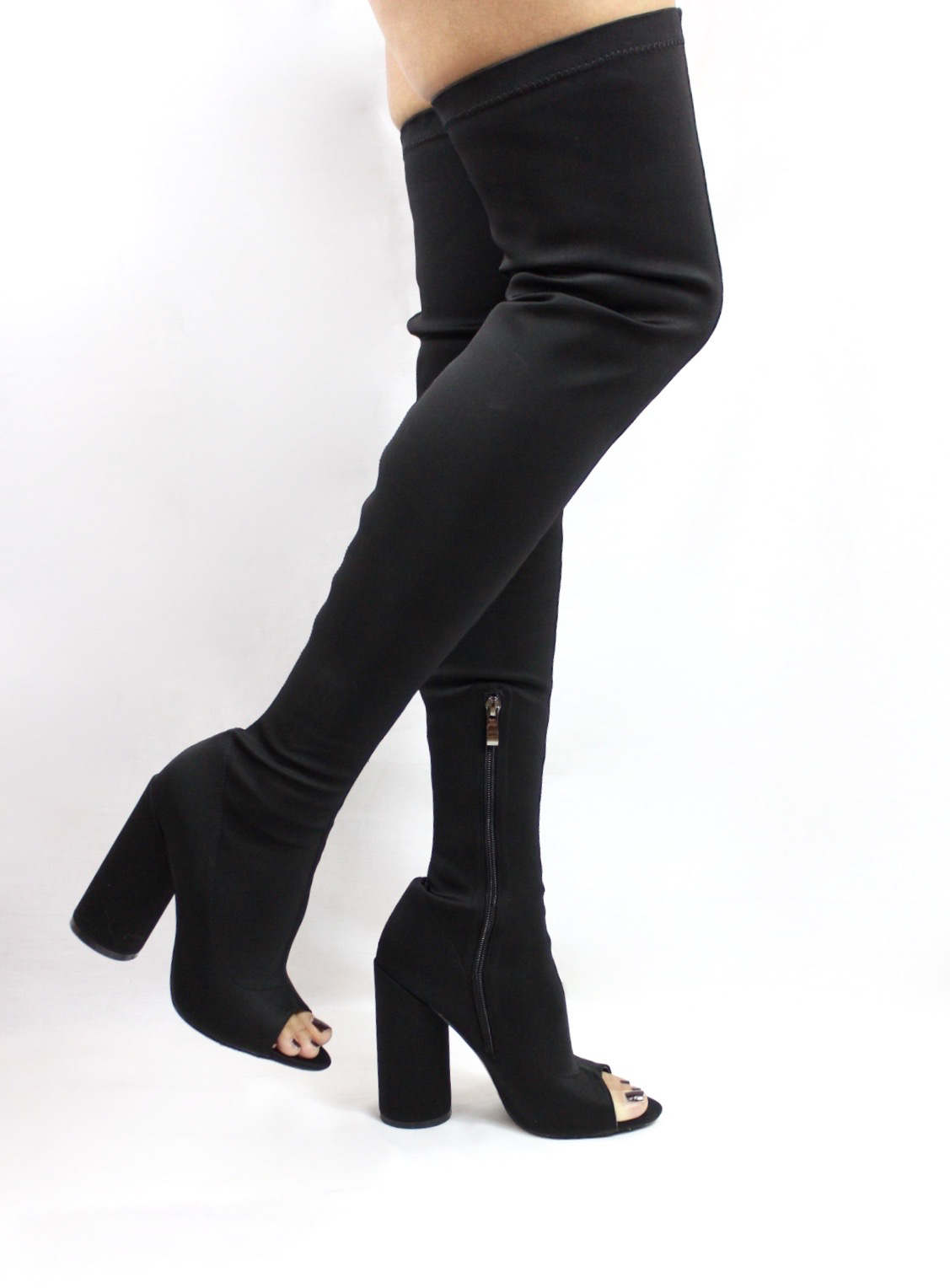 Chunky Heel Thigh High Open Toe Boots