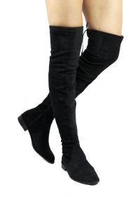 Cecy-5 Black Thigh High Almond Toe Snug Fit Zipper Flat Riding Boot-0
