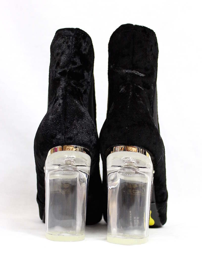 Round Toe Black Velvet Clear Perspex Lucite Heel Bootie-4159