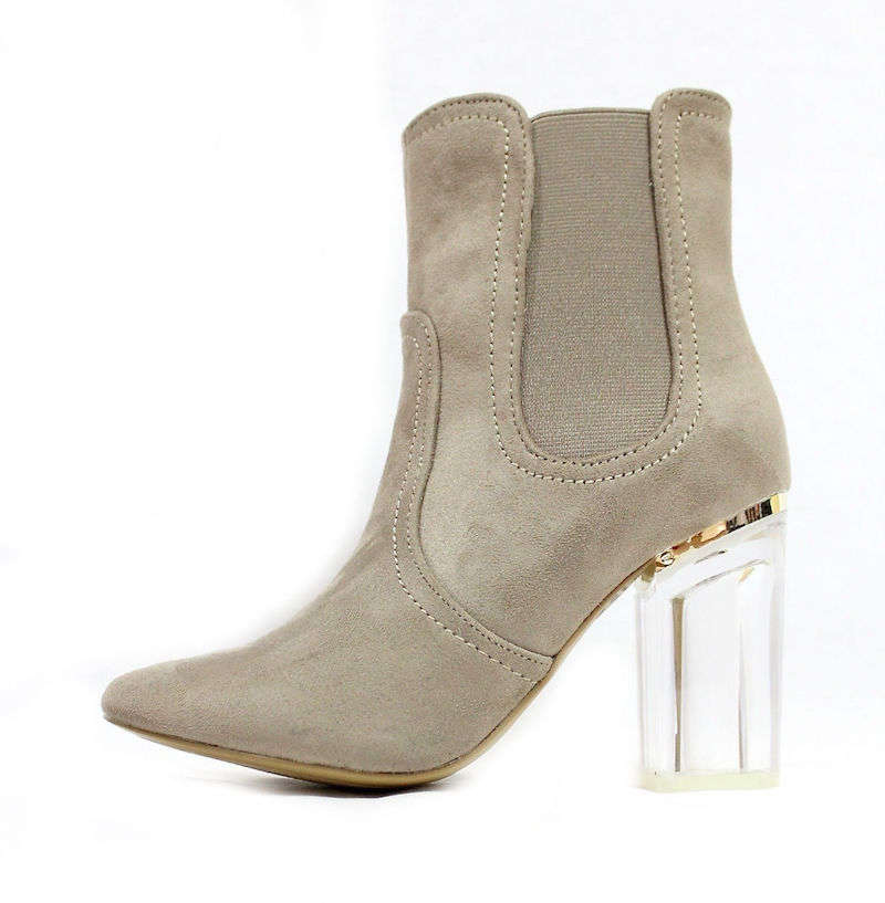 Round Toe Taupe Faux Suede Clear Perspex Heel Bootie-0