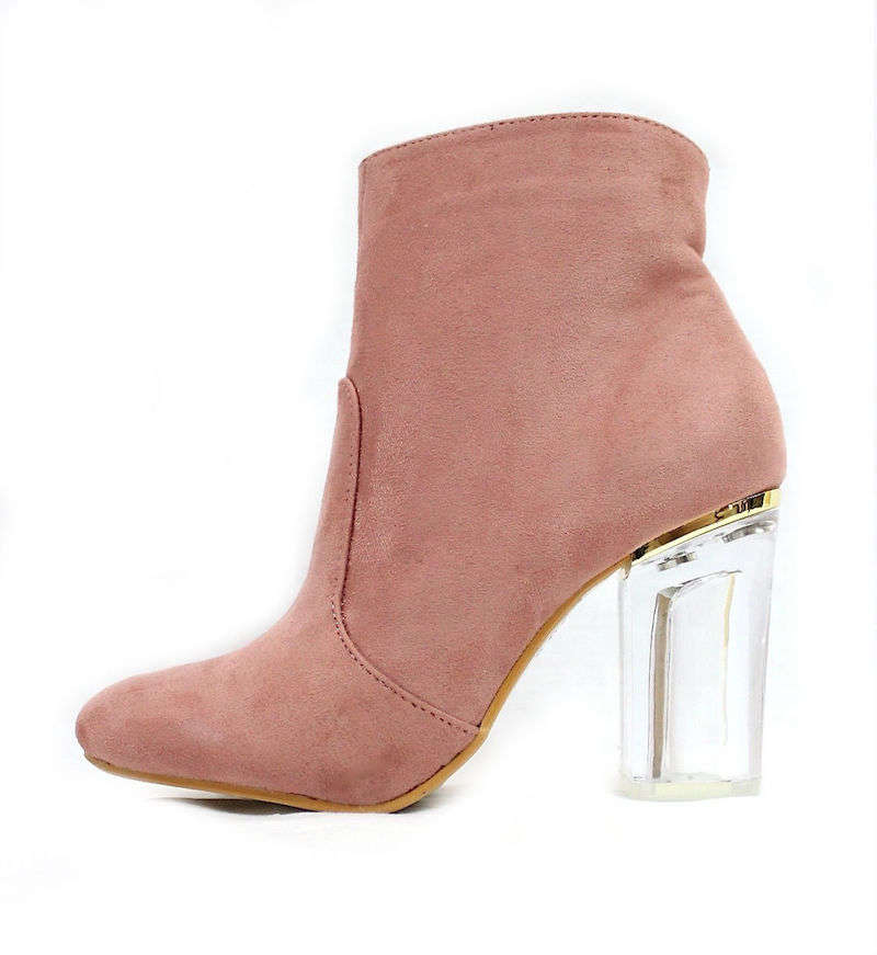 Round Toe Pink Faux Suede Round Toe Lucite Heel Bootie-0