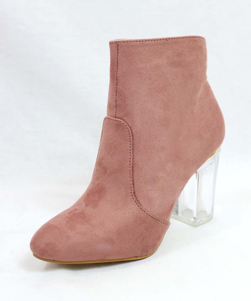 Round Toe Pink Faux Suede Round Toe Lucite Heel Bootie-4170