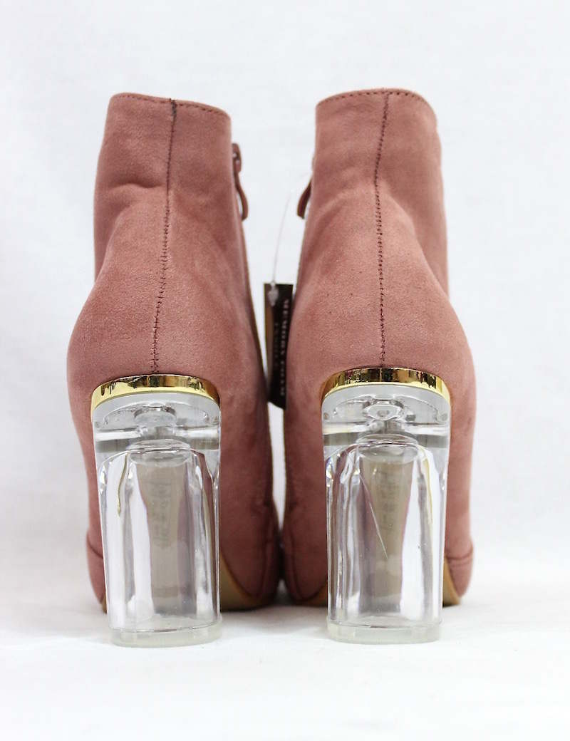Round Toe Pink Faux Suede Round Toe Lucite Heel Bootie-4169