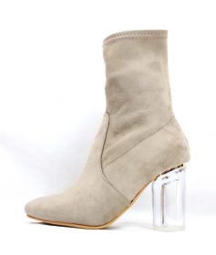 Round Toe Taupe Faux Suede Clear Perspex Lucite Heel Bootie-0