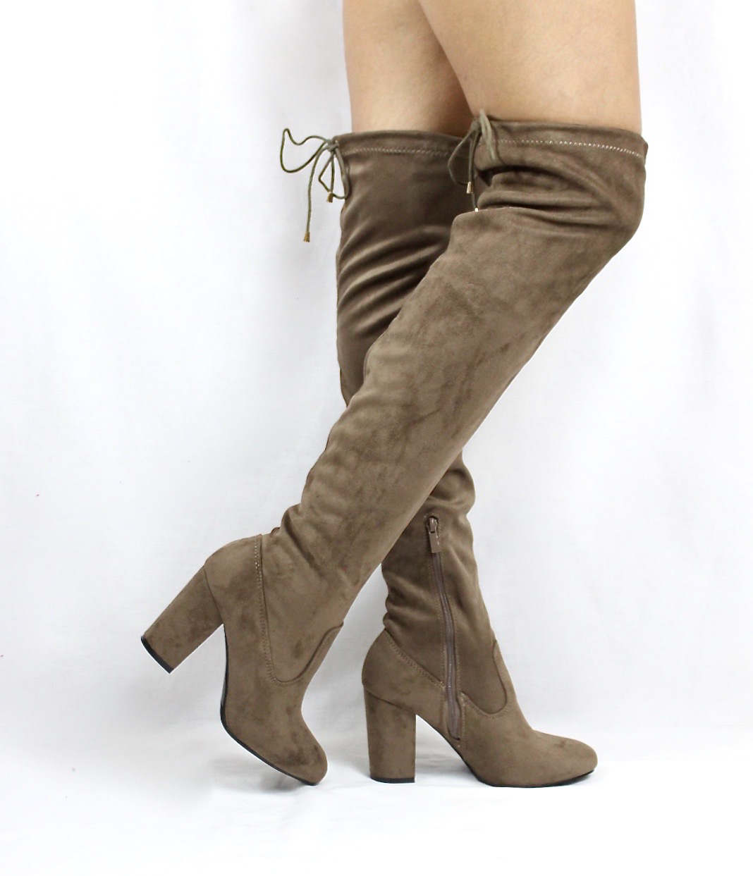 Nia Taupe Suede Thigh High Round Toe Chunky Heel Boot-3912