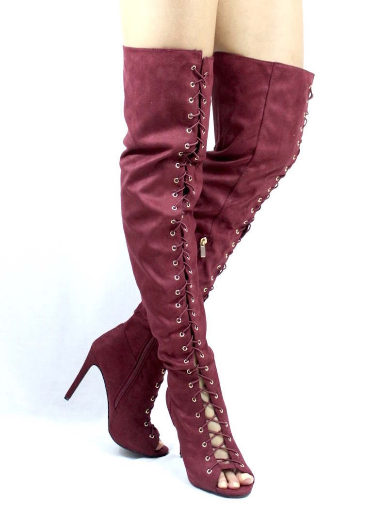 Dollhouse Burgundy onelove-61 Open Toe Lace Up Thigh High Boots-3857