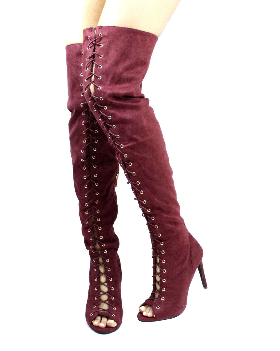 Dollhouse Burgundy onelove-61 Open Toe Lace Up Thigh High Boots-0