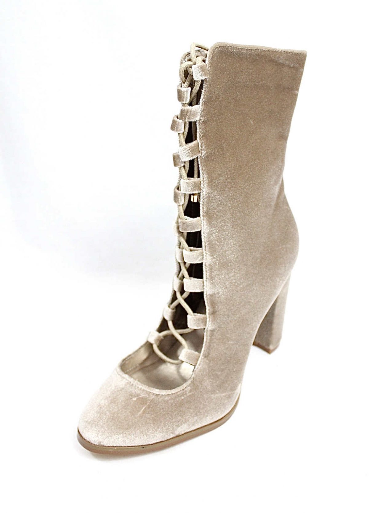 Sheila Taupe Velvet Ankle Lace Up Chunky Heel Bootie-3618