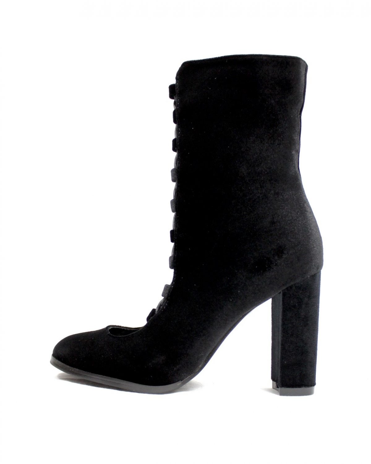 Sheila Black Velvet Ankle Lace Up Chunky Heel Bootie-0