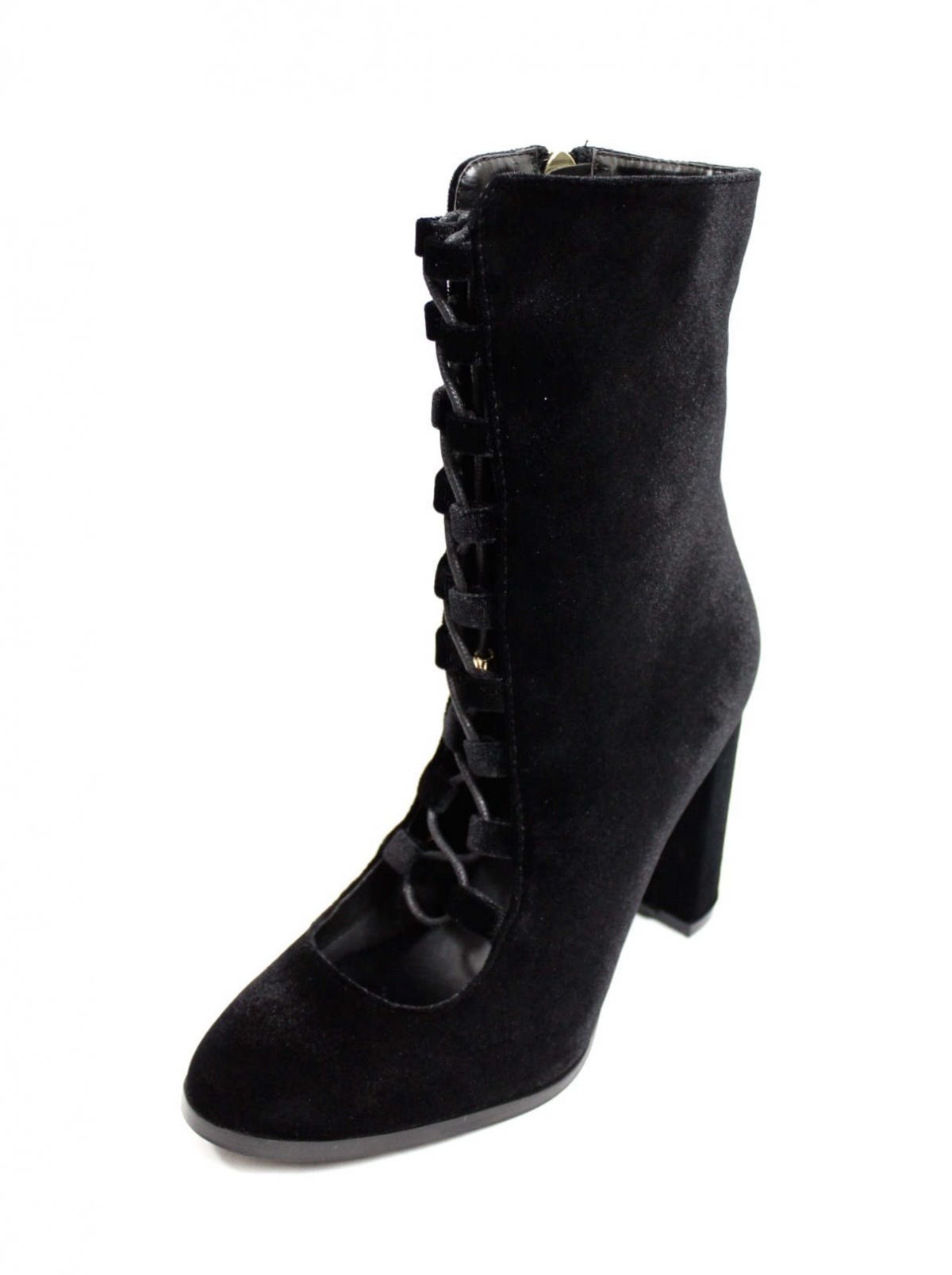 Sheila Black Velvet Ankle Lace Up Chunky Heel Bootie-3610