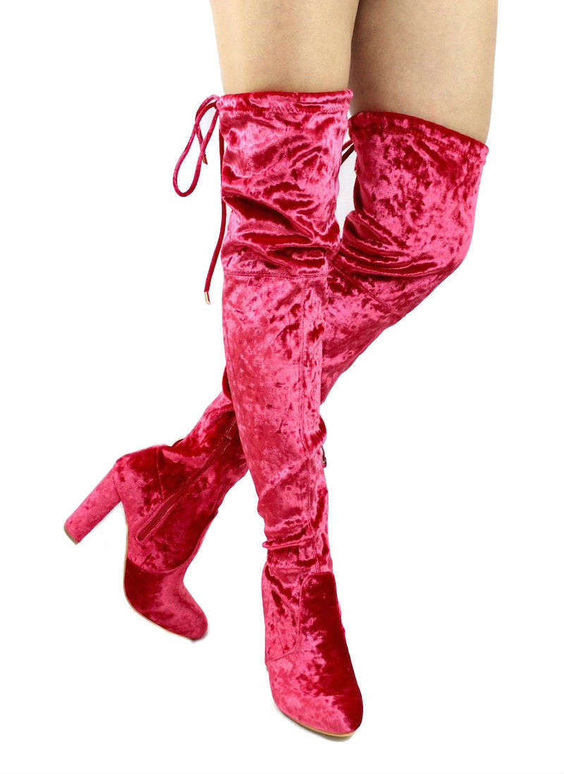 red knee length boots