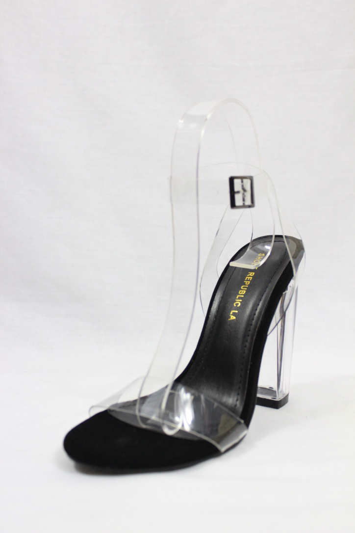 Shoe Republic Mazz Black Strappy Chunky Block Clear Lucite Perspex Heel Sandals-4306