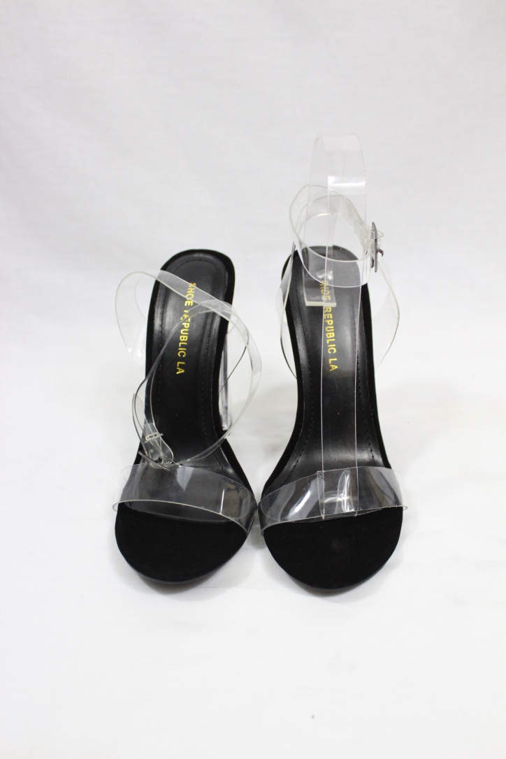 Shoe Republic Mazz Black Strappy Chunky Block Clear Lucite Perspex Heel Sandals-4308