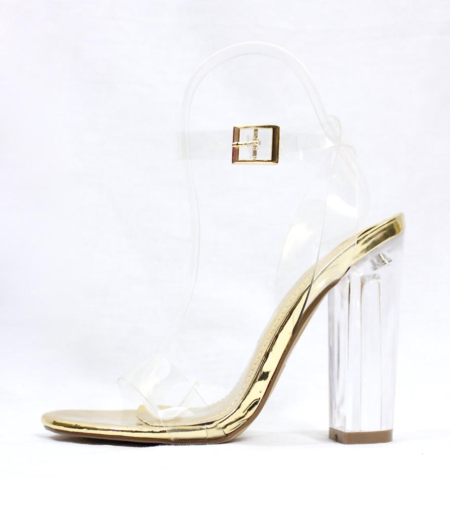 gold perspex heels