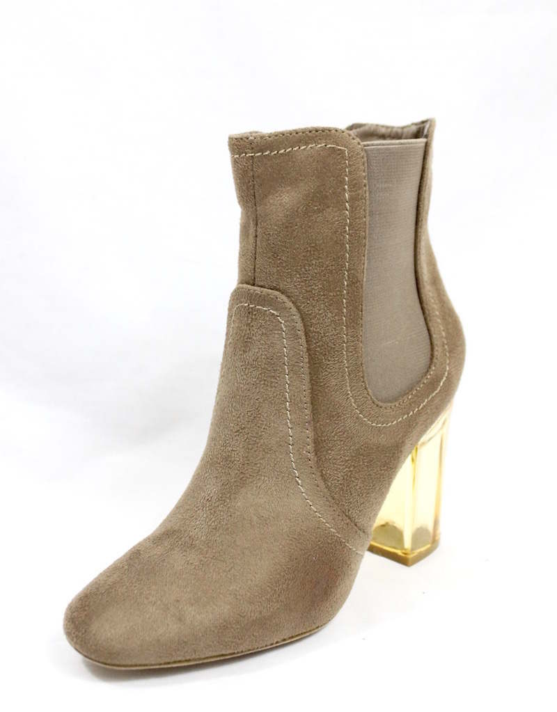 Round Toe Beige Faux Suede Clear Perspex Lucite Heel Bootie-4153