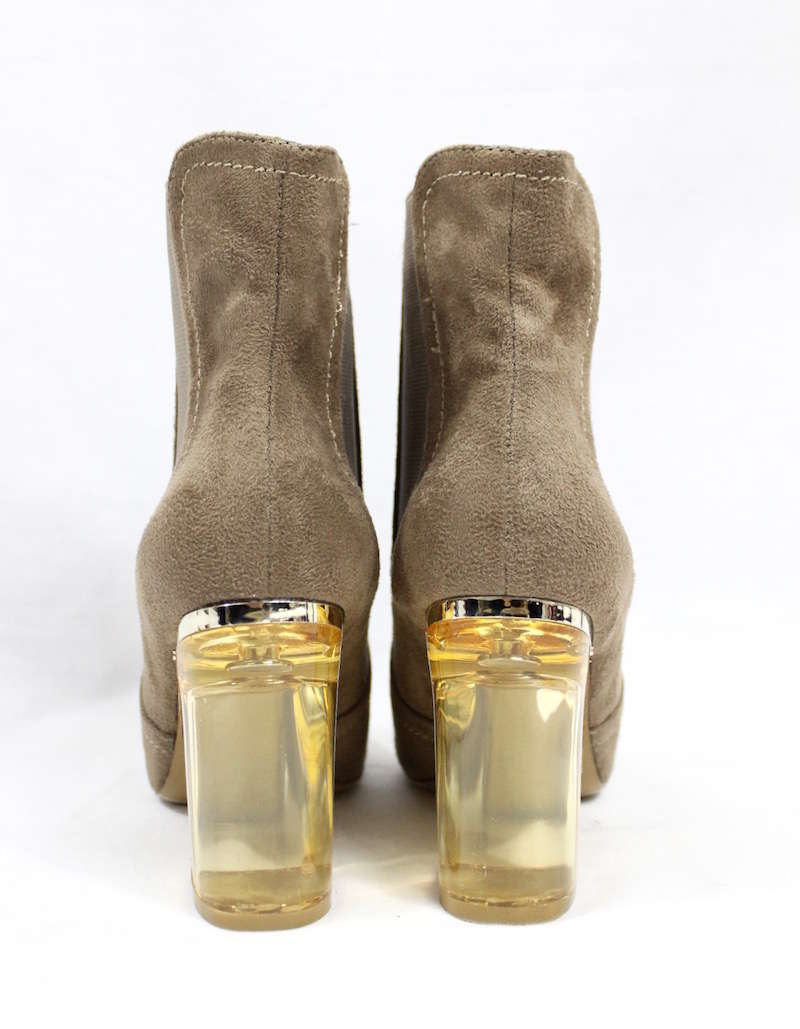 Round Toe Beige Faux Suede Clear Perspex Lucite Heel Bootie-4154