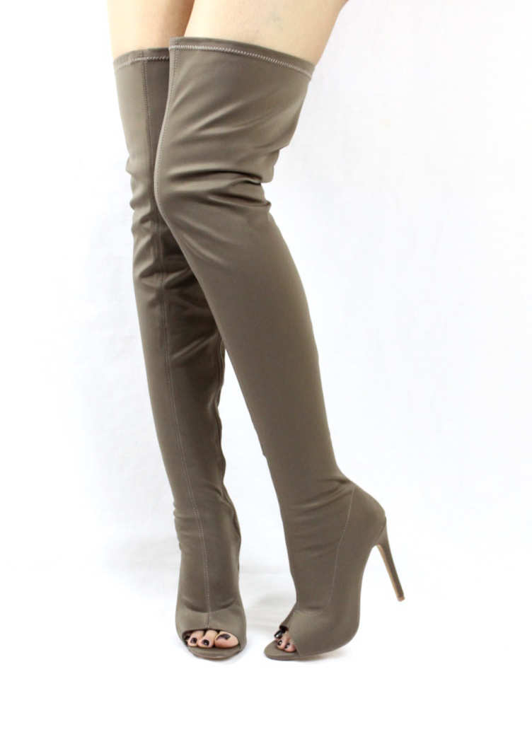 Liliana Connely-8 taupe Lycra Over the Knee Thigh High Open Toe Boots-0