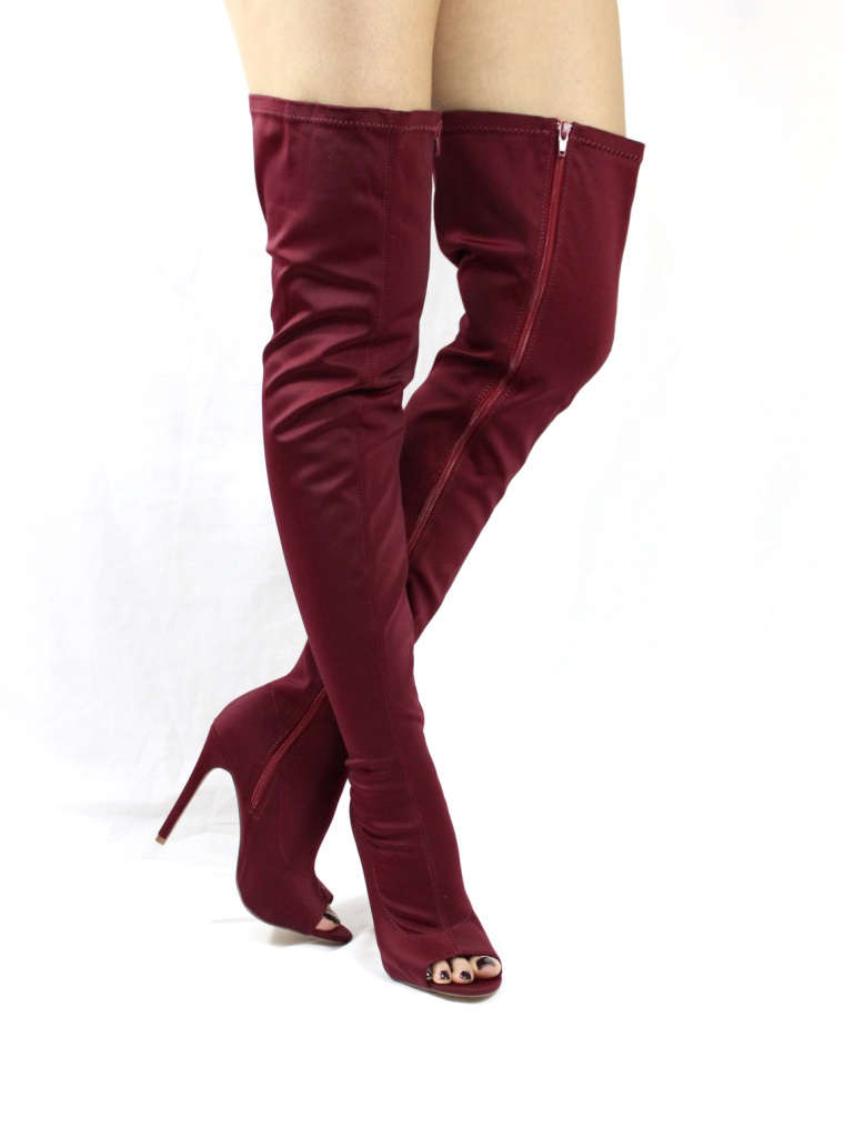 Liliana Connely-8 Wine Lycra Over the Knee Thigh High Open Toe Boots-4231