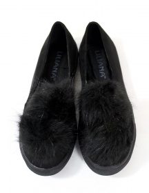 Liliana Bailey-1 Black Flat Slip On Faux Fur Ball Pom Pom Round Toe Sneakers-0