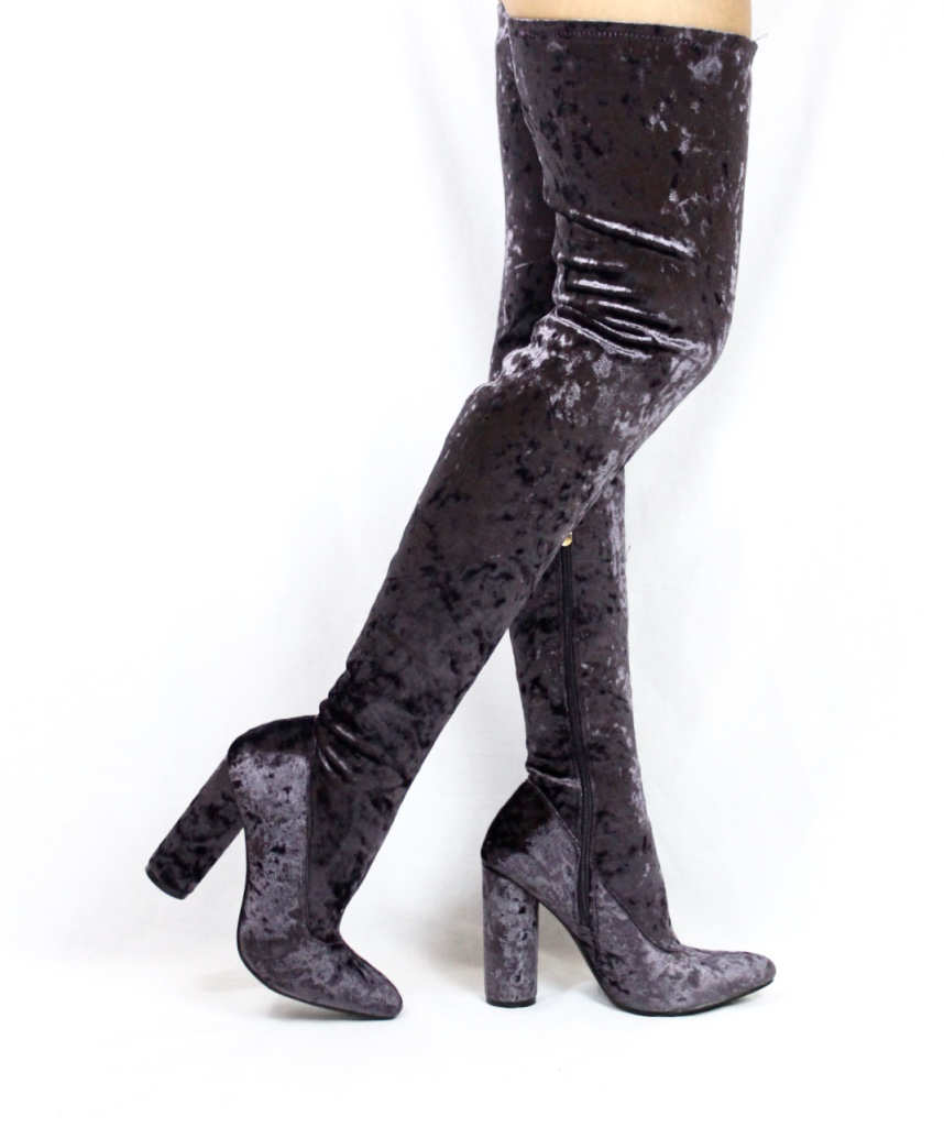 Paw-27 Purple Velvet Pointy Toe Chunky Heel Thigh High Boots-4636