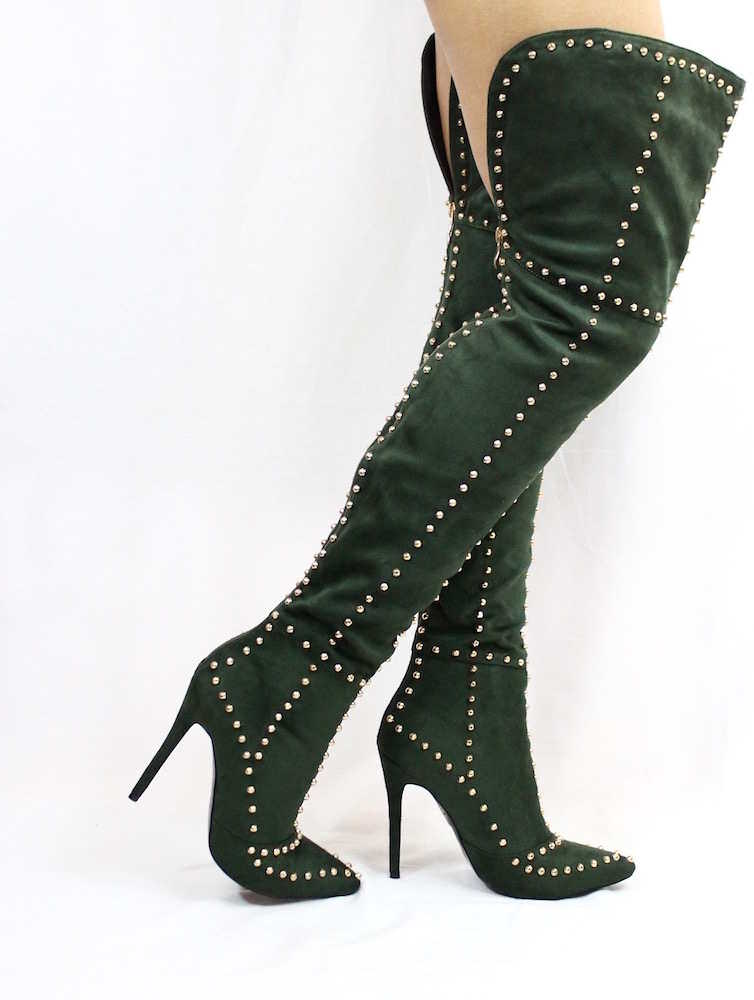 Suede Thigh High Studded Pointy Toe 