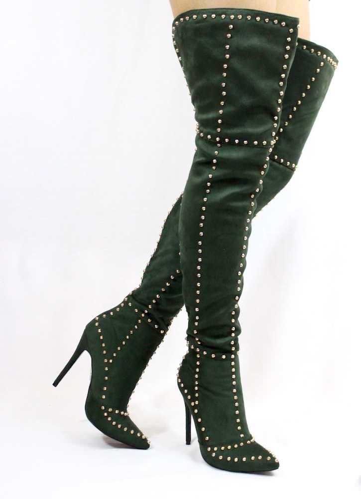 Suede Thigh High Studded Pointy Toe Boots Green