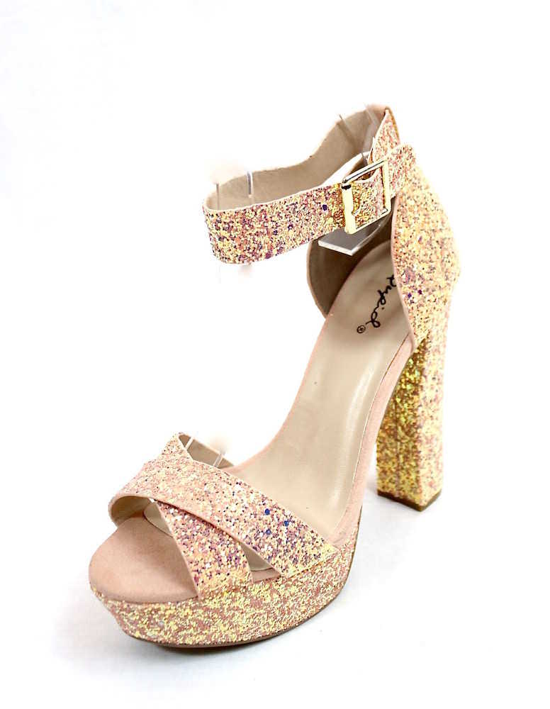 Qupid Open Toe Chunky Heel Platform Glitter Sandals